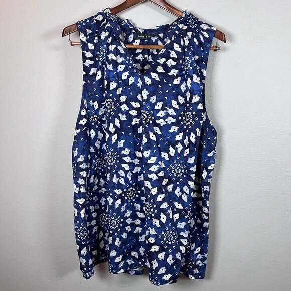 Lane Bryant Women’s Size 22/24 Ruffle Neck Woven & Knit Top Blue Shibori Diamond - Picture 3 of 10